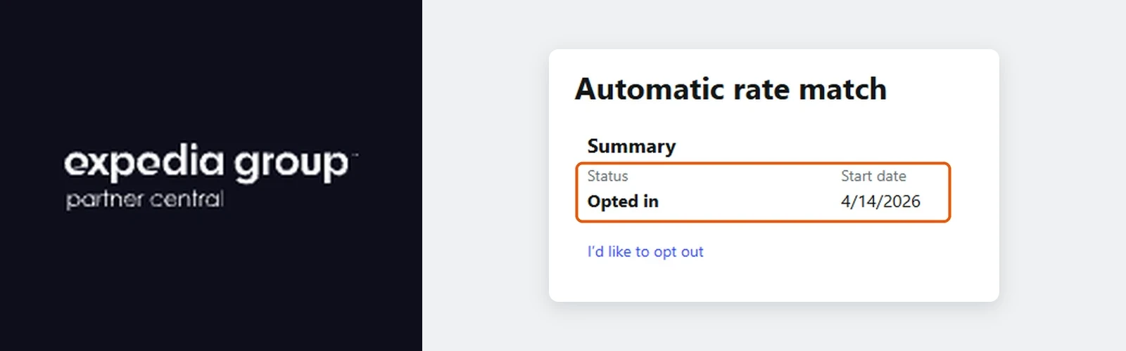 Expedia Group Partner Central logo next to the Automatic rate match summary: Status Opted in, with a start date