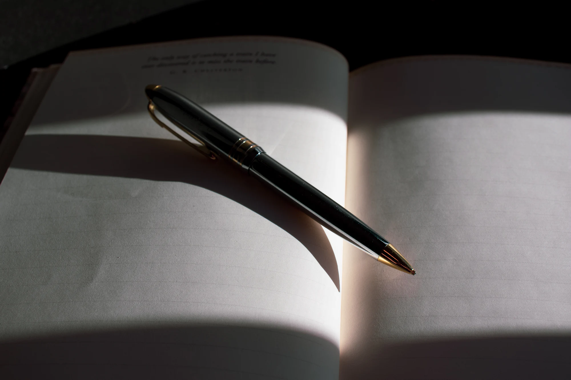 Pen resting on an open notebook in soft light